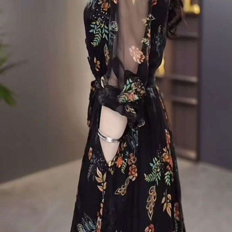 花柄ワンピース優美な花柄シフォンロングワンピース