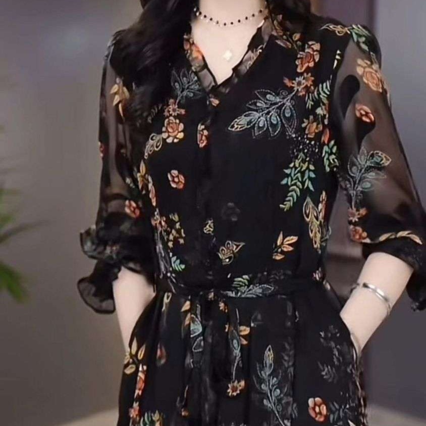 花柄ワンピース優美な花柄シフォンロングワンピース