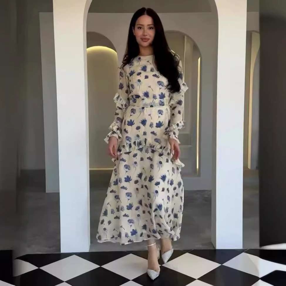 花柄ワンピースフリル袖 花柄 シフォン ロングワンピース