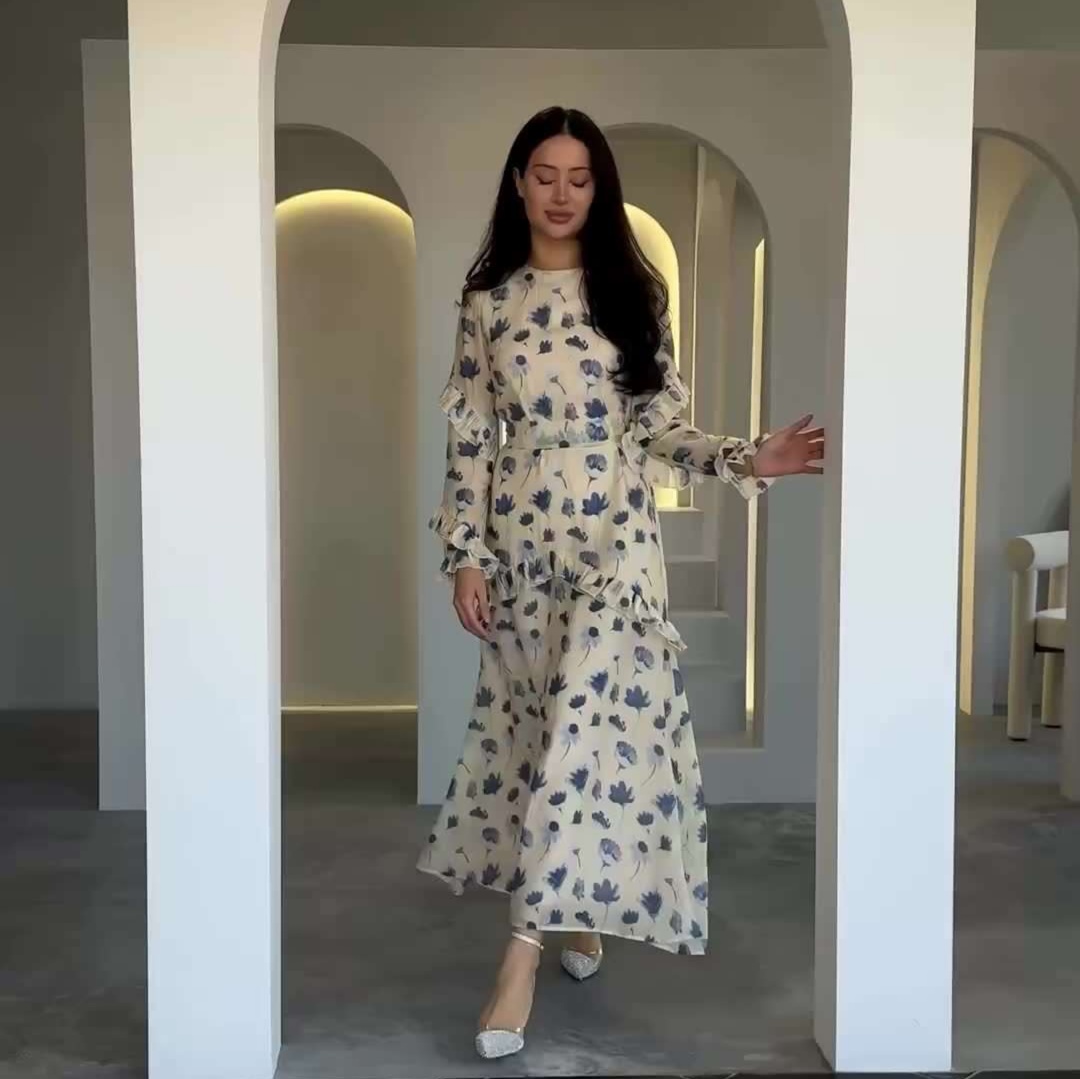 花柄ワンピースフリル袖 花柄 シフォン ロングワンピース