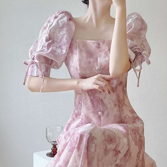 花柄ワンピース優美な薔薇模様 パフスリーブロングドレス