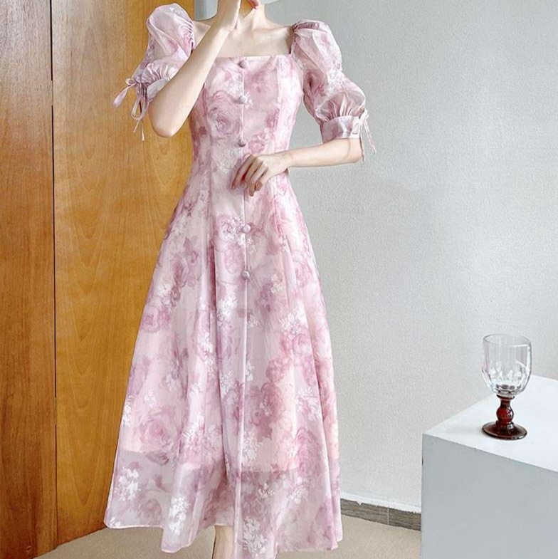 花柄ワンピース優美な薔薇模様 パフスリーブロングドレス