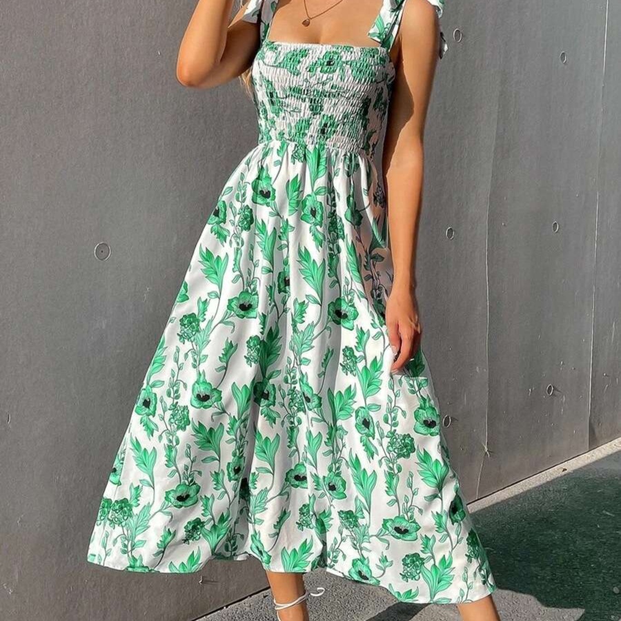 花柄ワンピース大人可愛い花柄ショルダーギャザーワンピース
