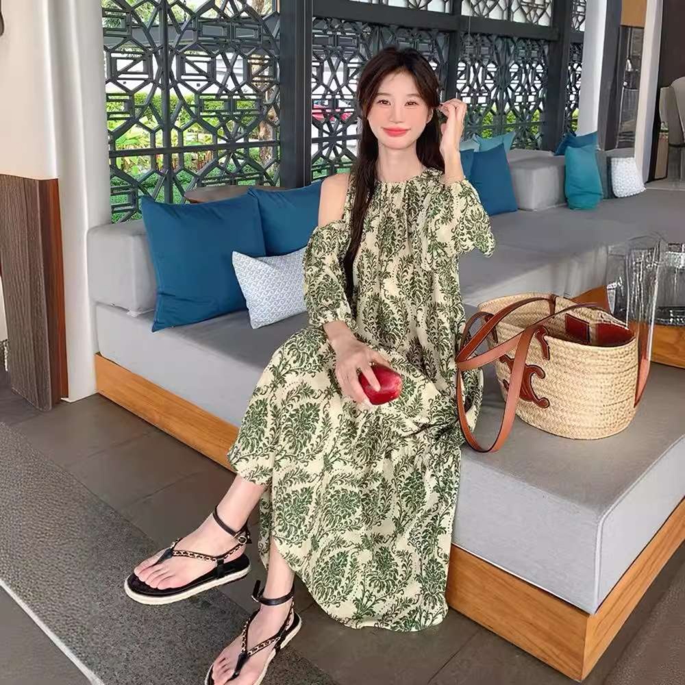 花柄ワンピース優美な花模様コールドショルダーマキシ丈ワンピース