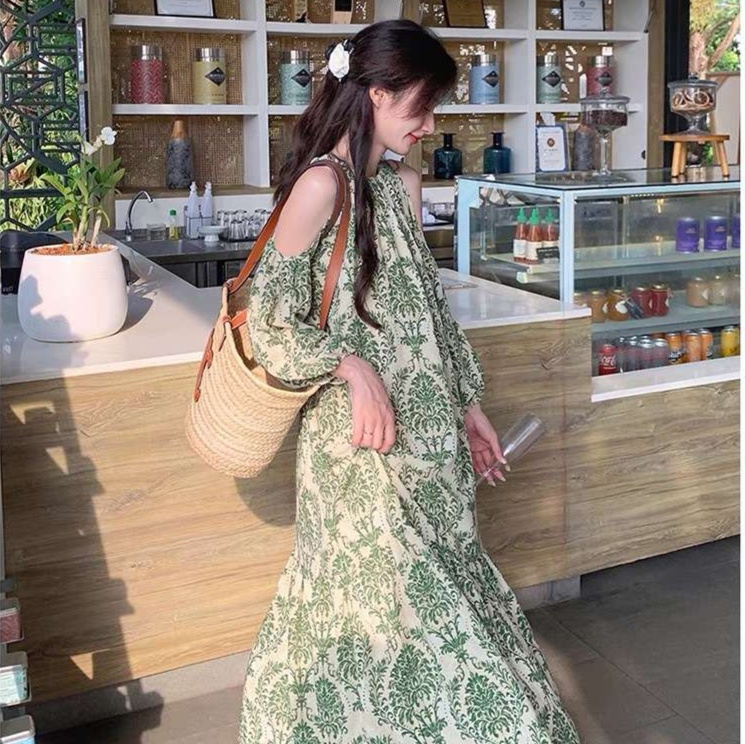 花柄ワンピース優美な花模様コールドショルダーマキシ丈ワンピース