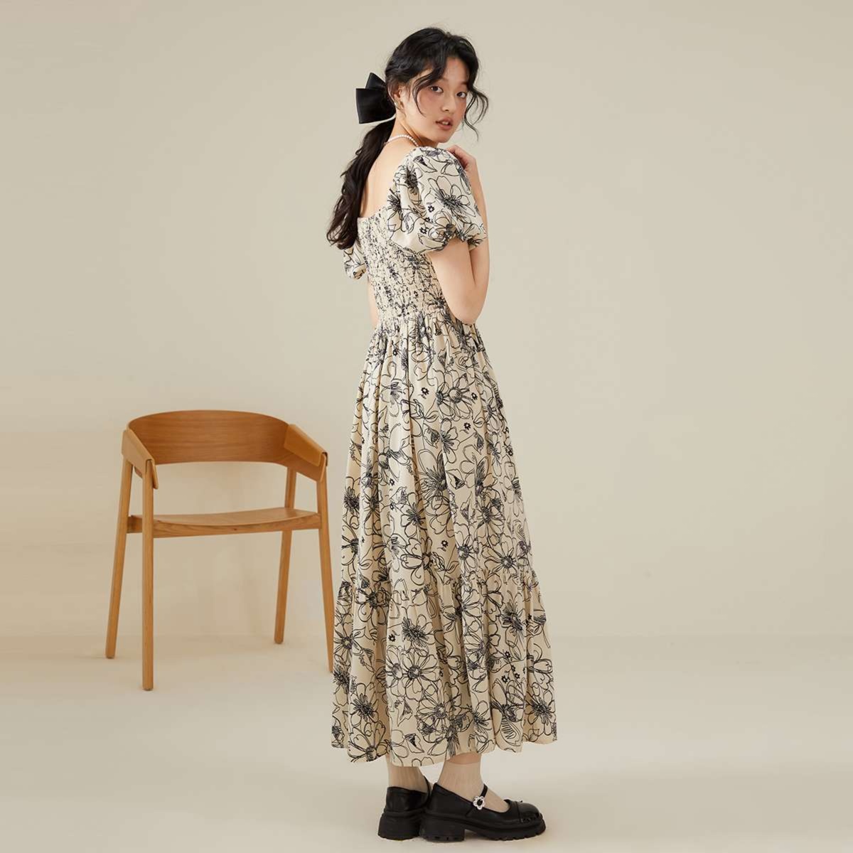 花柄ワンピースパフスリーブ花柄ロング丈ワンピース