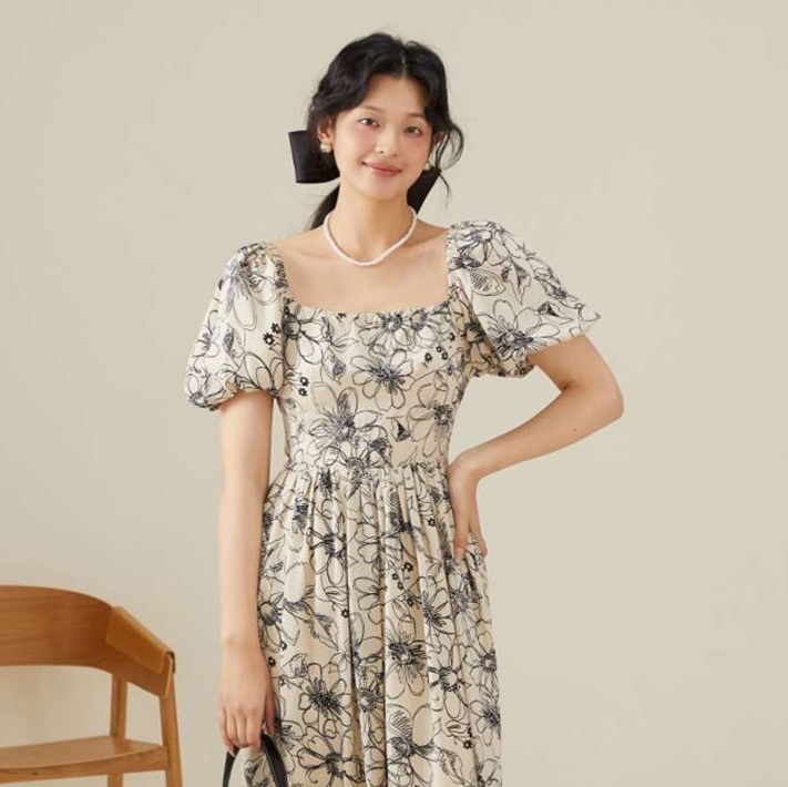 花柄ワンピースパフスリーブ花柄ロング丈ワンピース