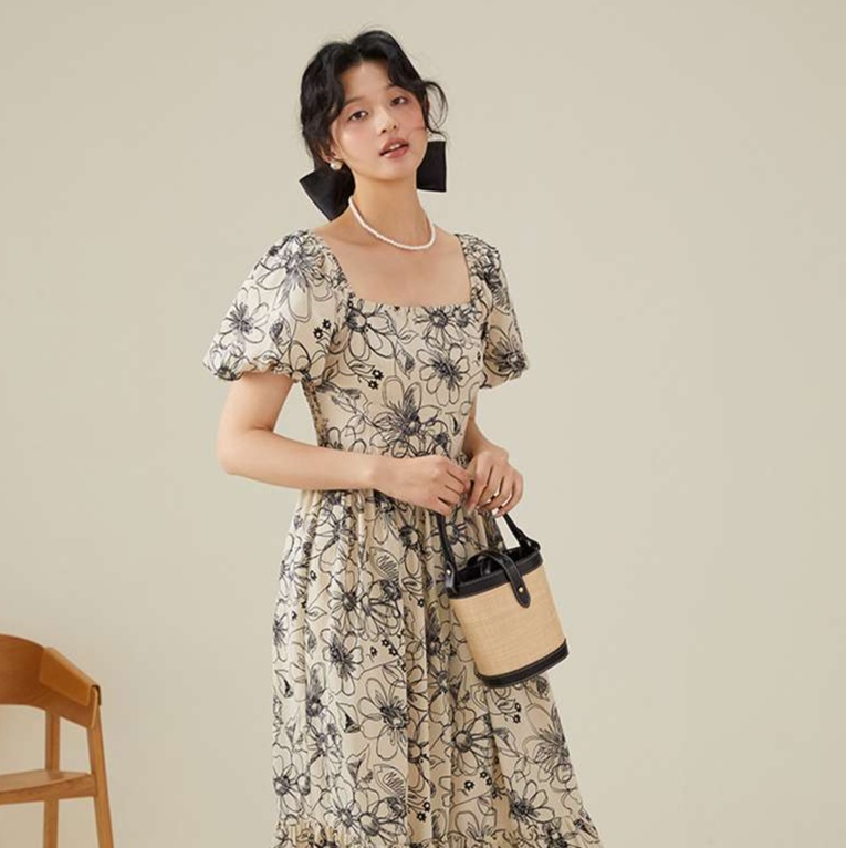 花柄ワンピースパフスリーブ花柄ロング丈ワンピース