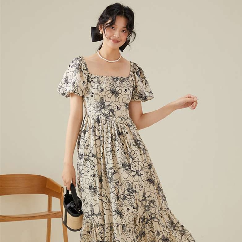 花柄ワンピースパフスリーブ花柄ロング丈ワンピース
