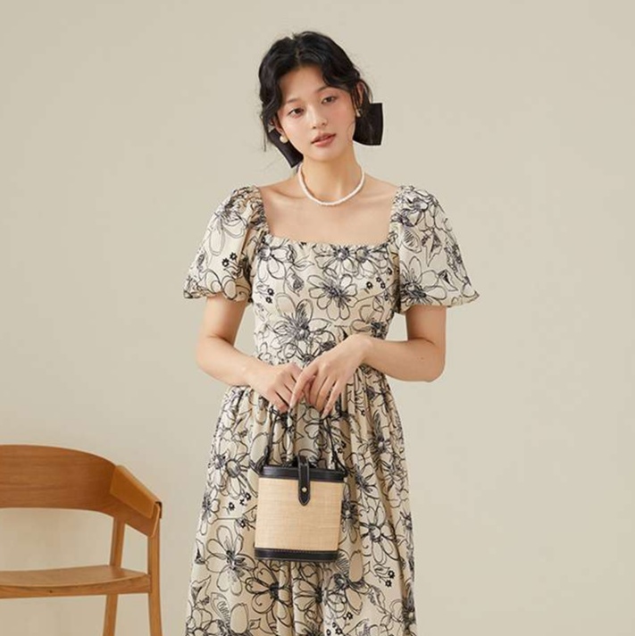 花柄ワンピースパフスリーブ花柄ロング丈ワンピース