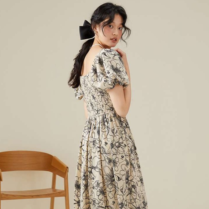 花柄ワンピースパフスリーブ花柄ロング丈ワンピース
