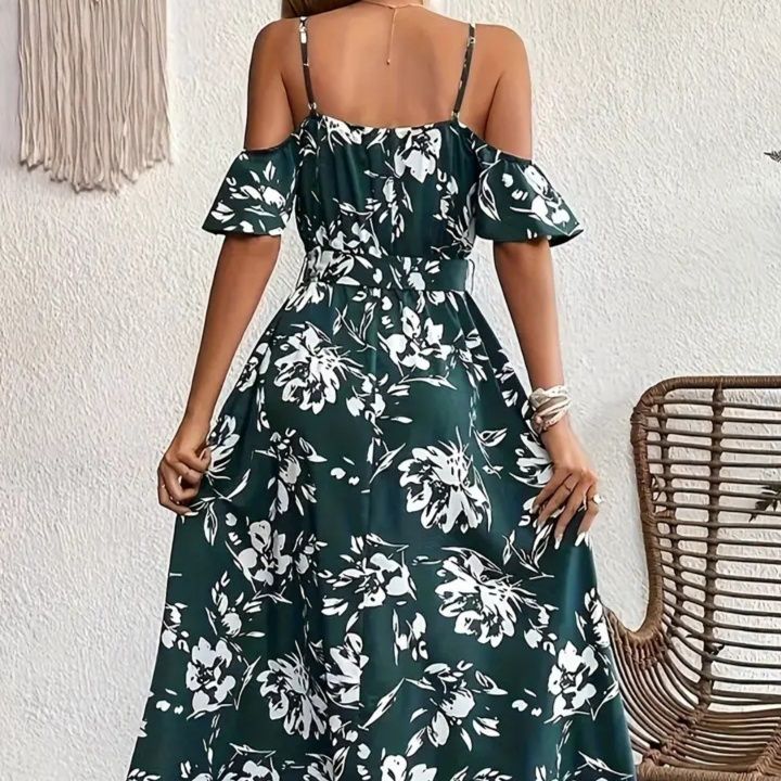 花柄ワンピース 肩魅せ花柄スリットロングワンピース