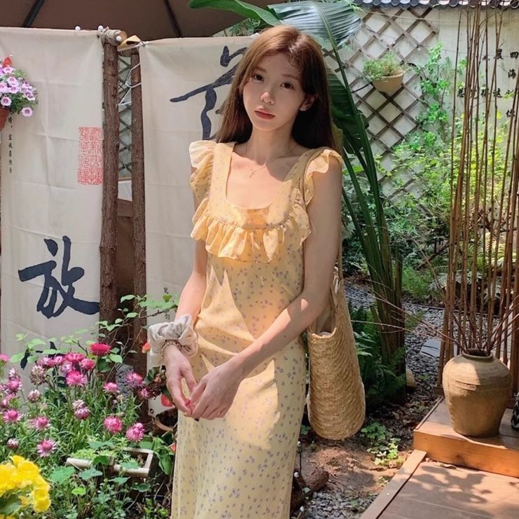 花柄ワンピース 小花柄フリルノースリーブワンピース