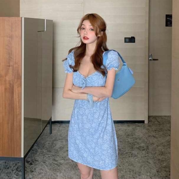 花柄ワンピース 小花咲く乙女心パフスリーブミニワンピース