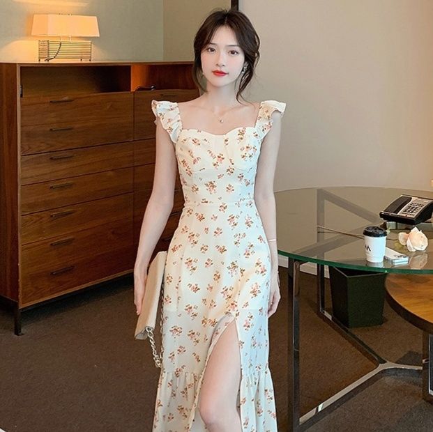 花柄ワンピース 優美フリル肩飾り 小花柄ロングワンピース