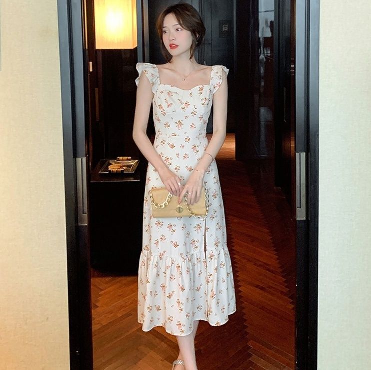 花柄ワンピース 優美フリル肩飾り 小花柄ロングワンピース