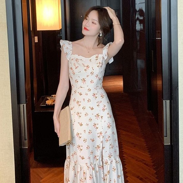 花柄ワンピース 優美フリル肩飾り 小花柄ロングワンピース