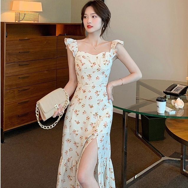 花柄ワンピース 優美フリル肩飾り 小花柄ロングワンピース