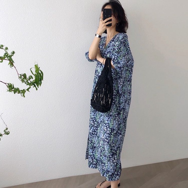 花柄ワンピース 優美な小花散りばめロング丈ワンピース