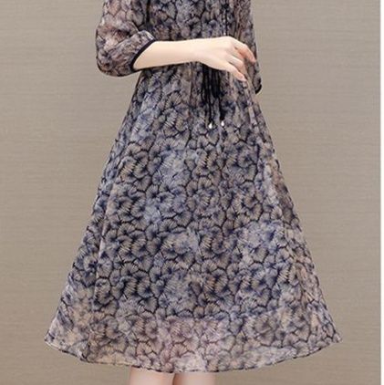 花柄ワンピース 七分袖シアー花柄ミディワンピース