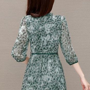 花柄ワンピース 七分袖シアー花柄ミディワンピース