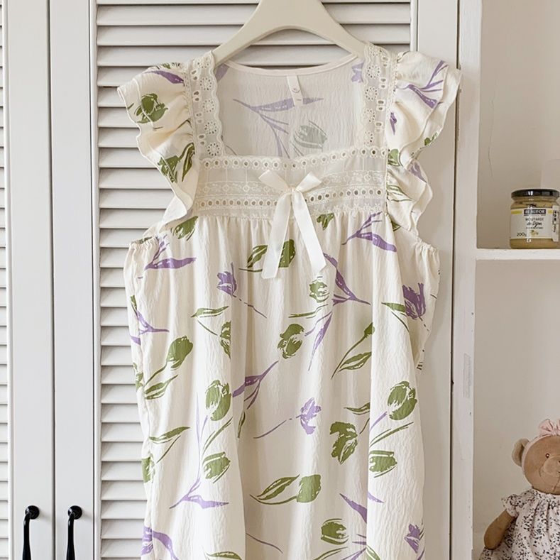 花柄ワンピース 刺繍レース装飾フリル袖花柄ワンピース