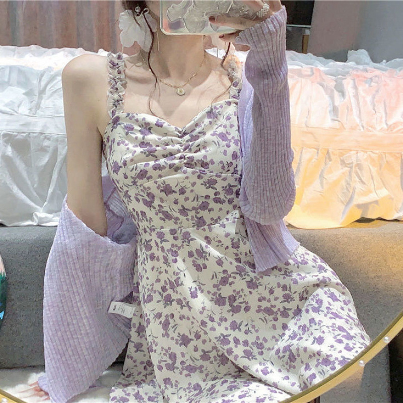 花柄ワンピース 優美なフリルキャミソール花柄ミニワンピース