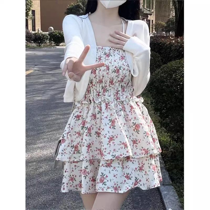 花柄ワンピース 優美シャーリング花柄ミニワンピース