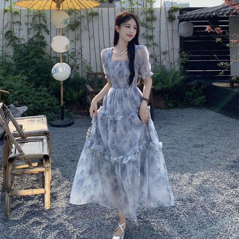 花柄ワンピース 優美な花影 シアーロングワンピース