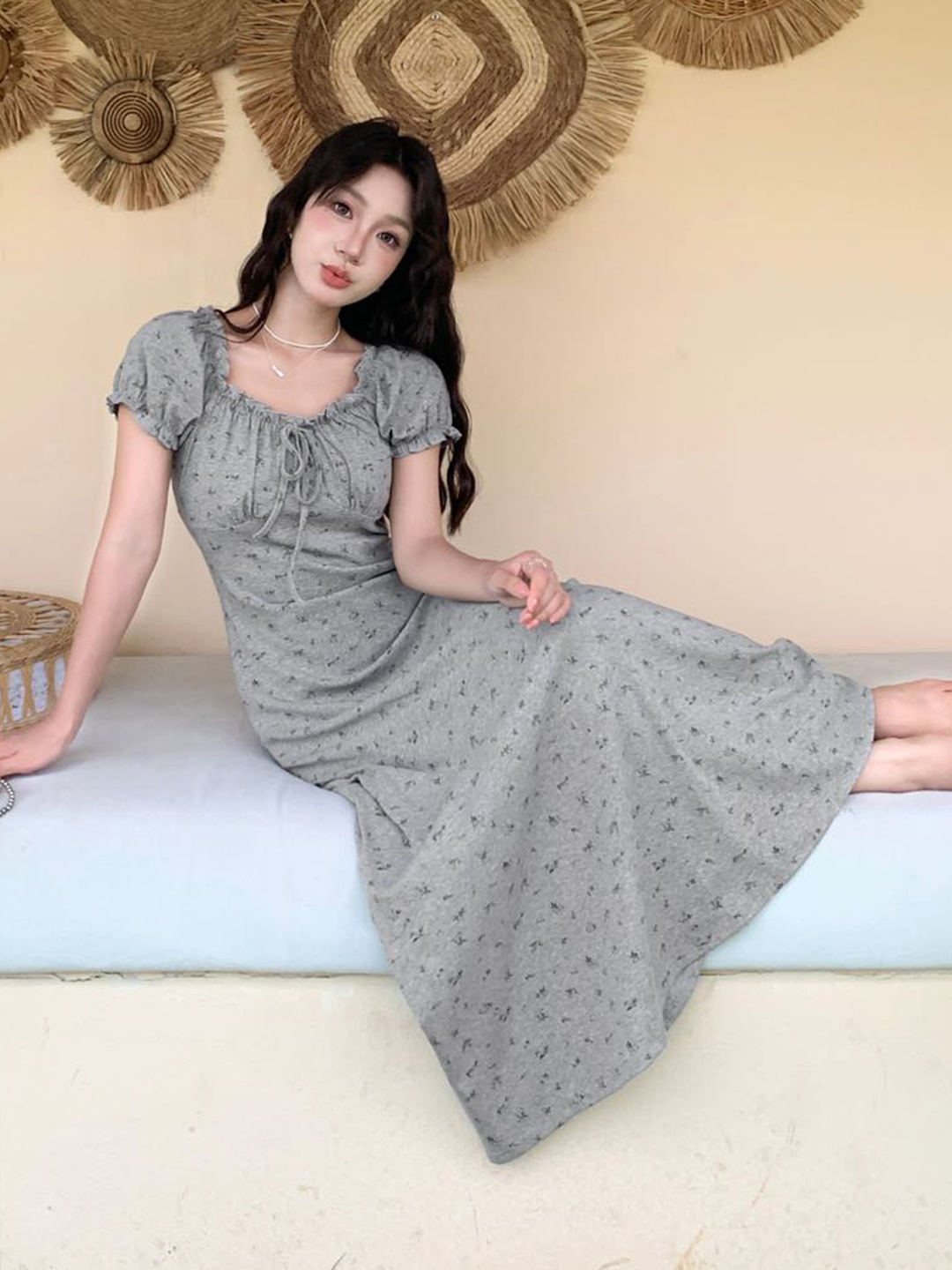 花柄ワンピース 小花柄パフスリーブロングワンピース
