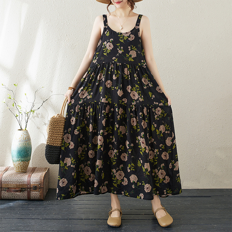 花柄ワンピース 花柄ノースリーブワンピース 黒地薔薇柄 春夏ゆったり長袖なし