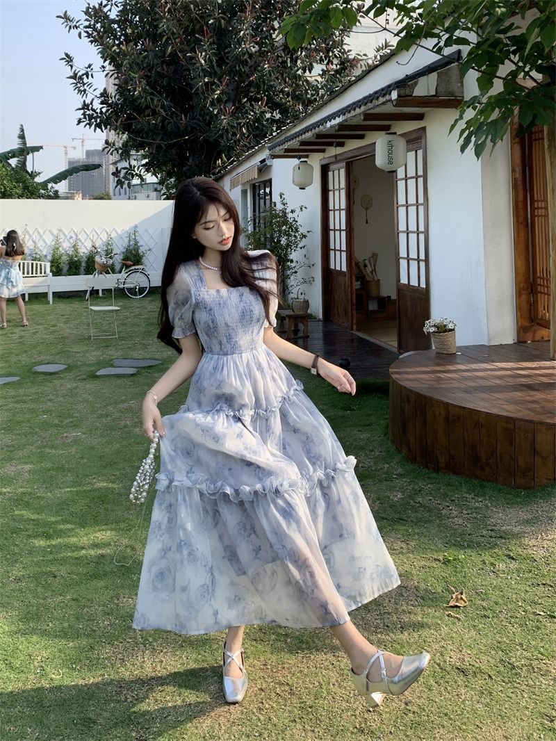 花柄ワンピース 優美な花影 シアーロングワンピース