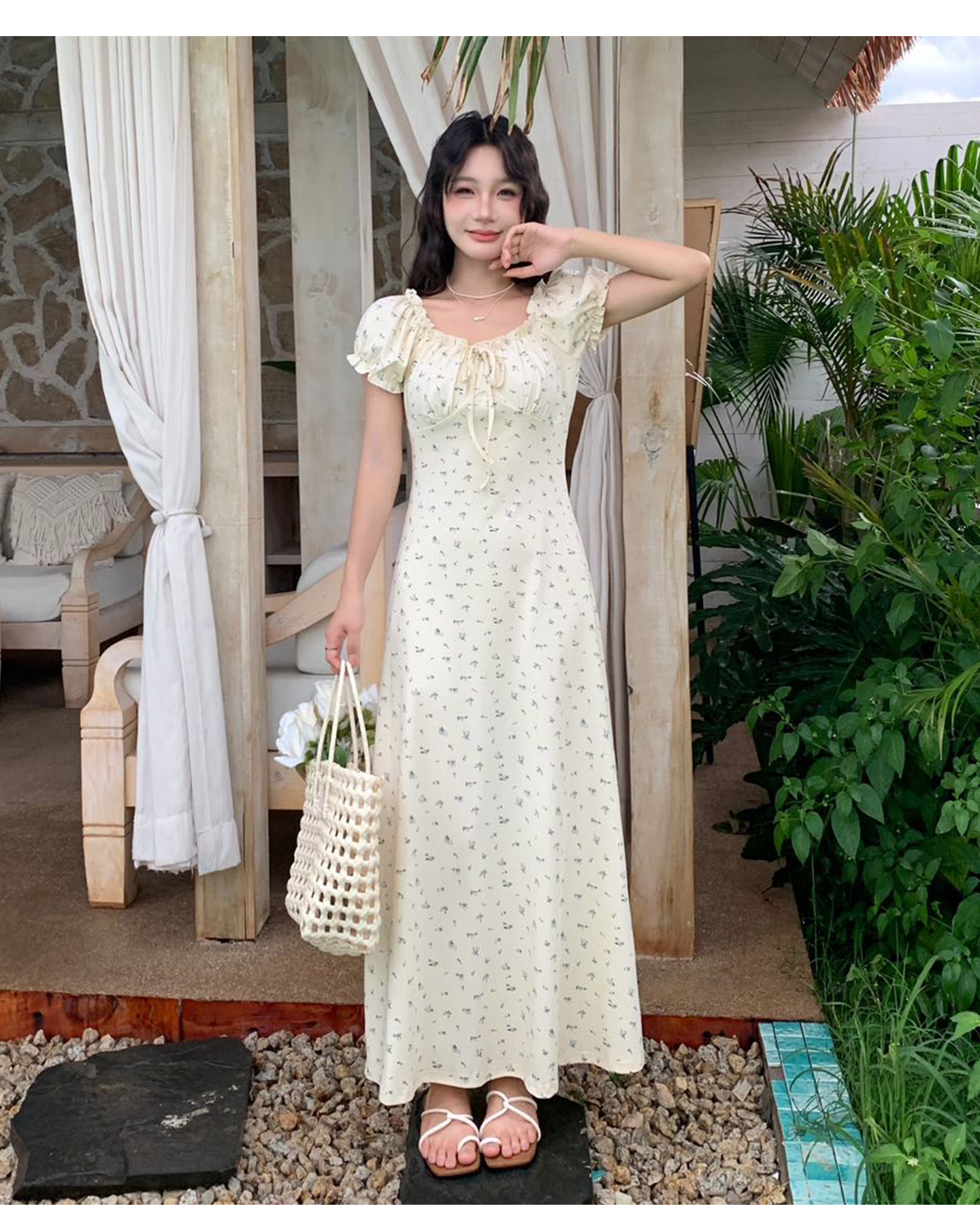 花柄ワンピース 小花柄パフスリーブロングワンピース