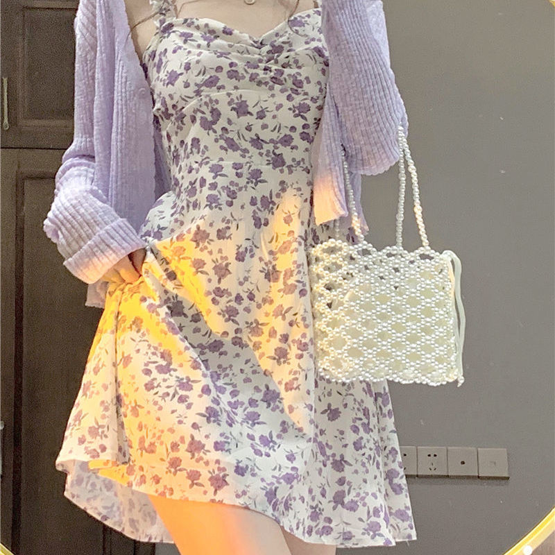 花柄ワンピース 優美なフリルキャミソール花柄ミニワンピース