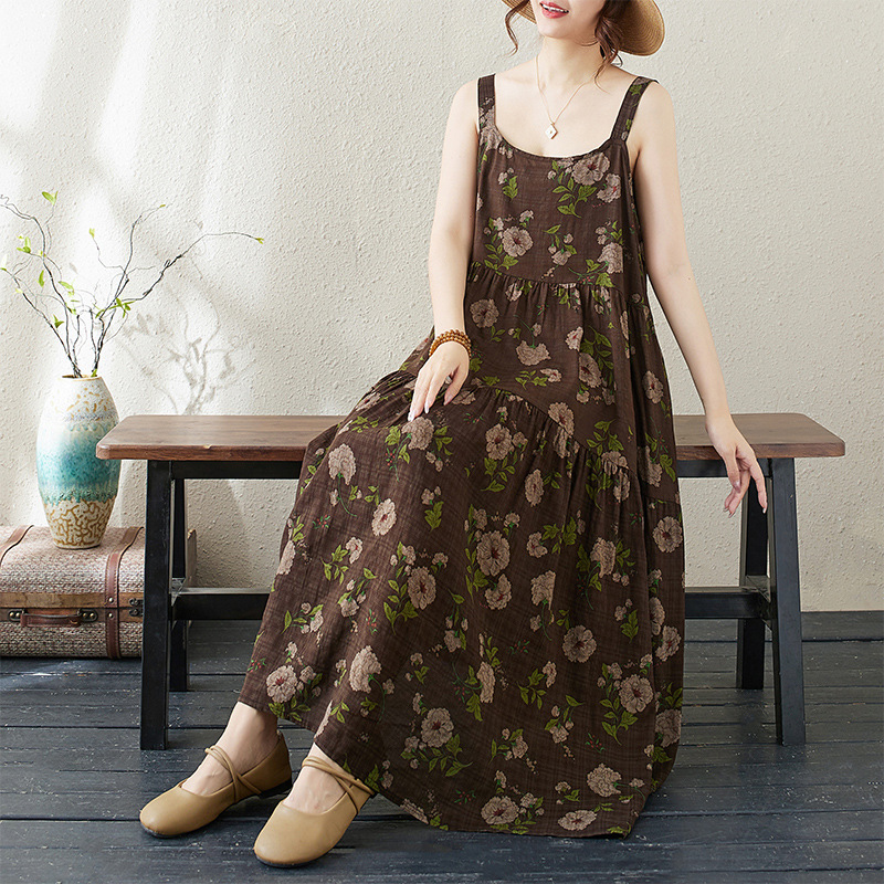花柄ワンピース 花柄ノースリーブワンピース 黒地薔薇柄 春夏ゆったり長袖なし