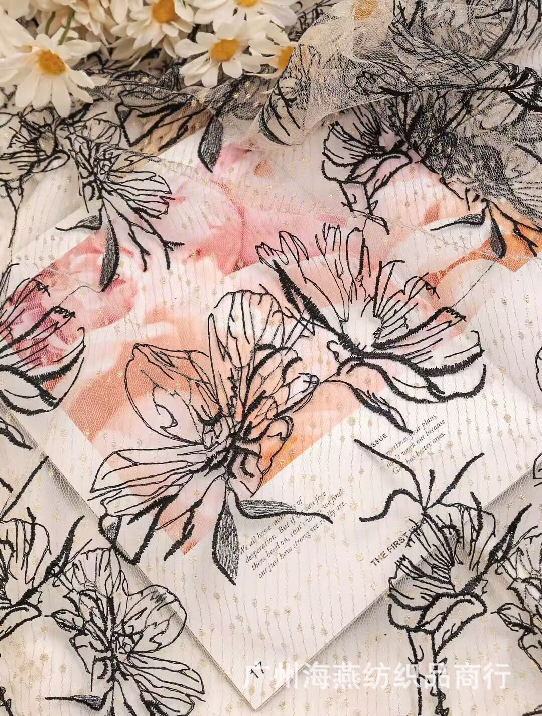 花柄ワンピース 線描き花刺繍レースワンピース