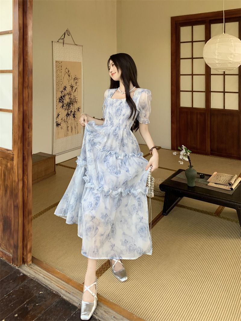 花柄ワンピース 優美な花影 シアーロングワンピース