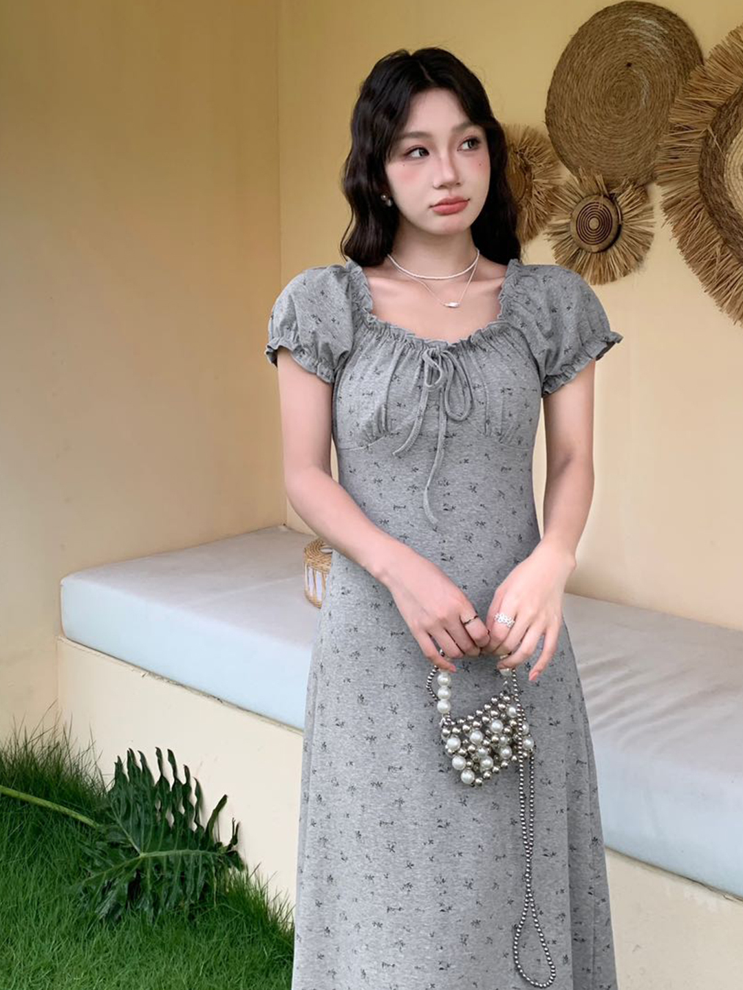 花柄ワンピース 小花柄パフスリーブロングワンピース