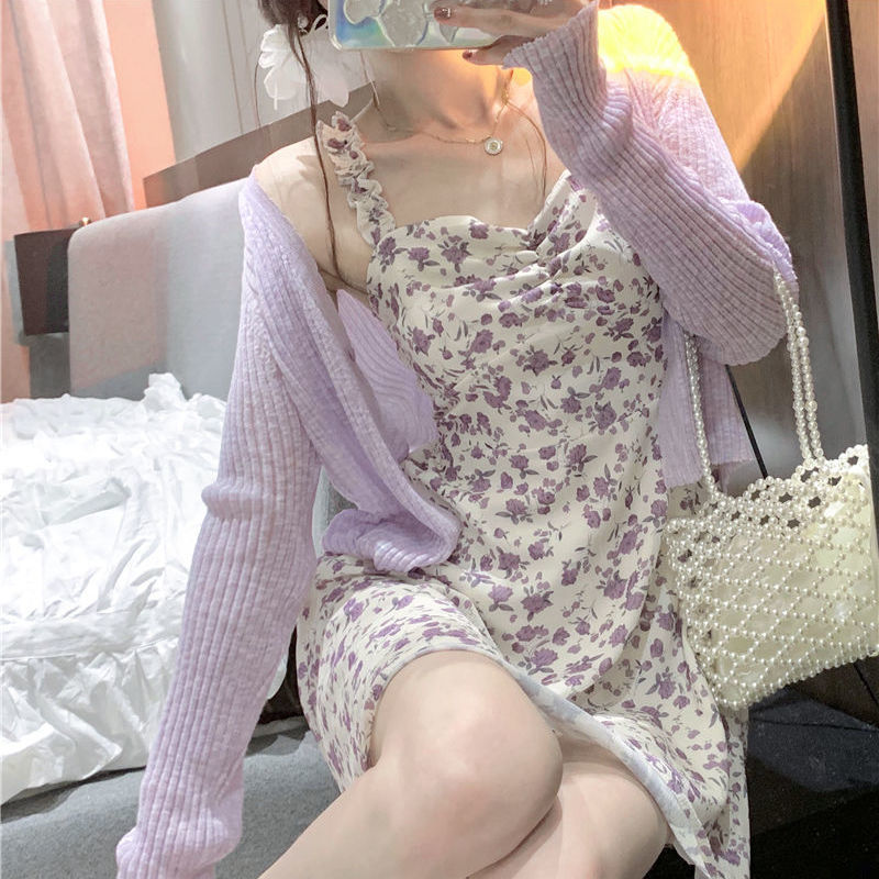 花柄ワンピース 優美なフリルキャミソール花柄ミニワンピース