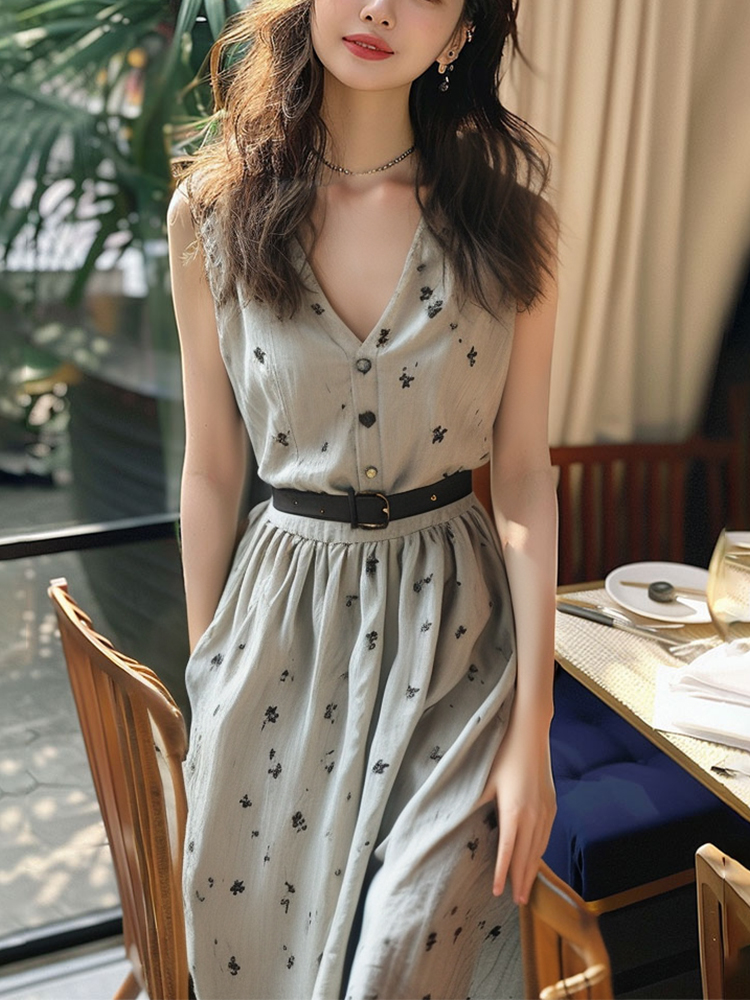花柄ワンピース 小花散りばめ深襟ベルト付きノースリーブワンピース