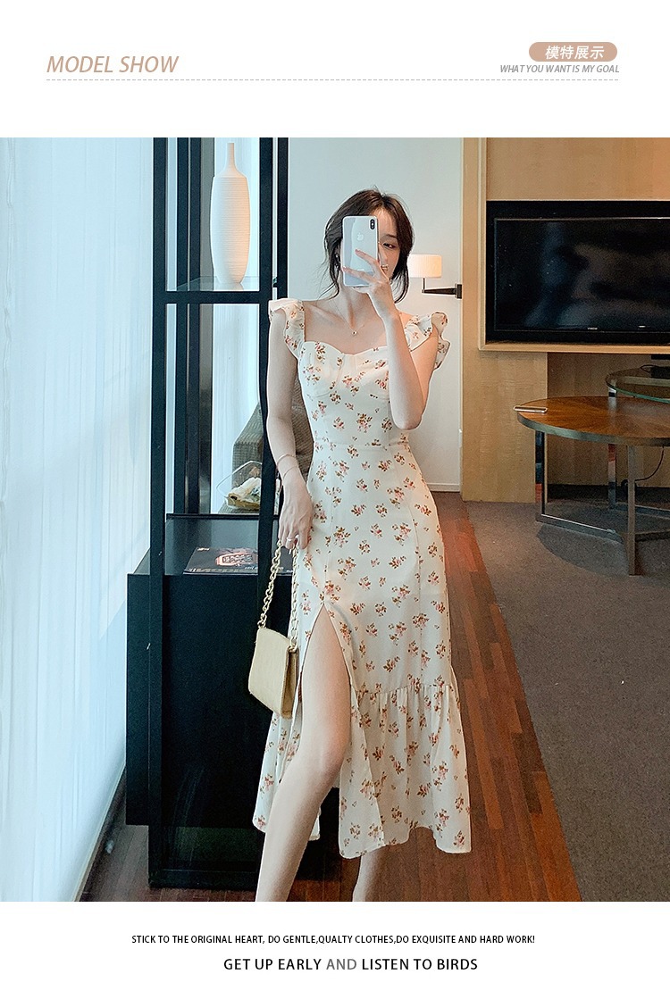 花柄ワンピース 優美フリル肩飾り 小花柄ロングワンピース