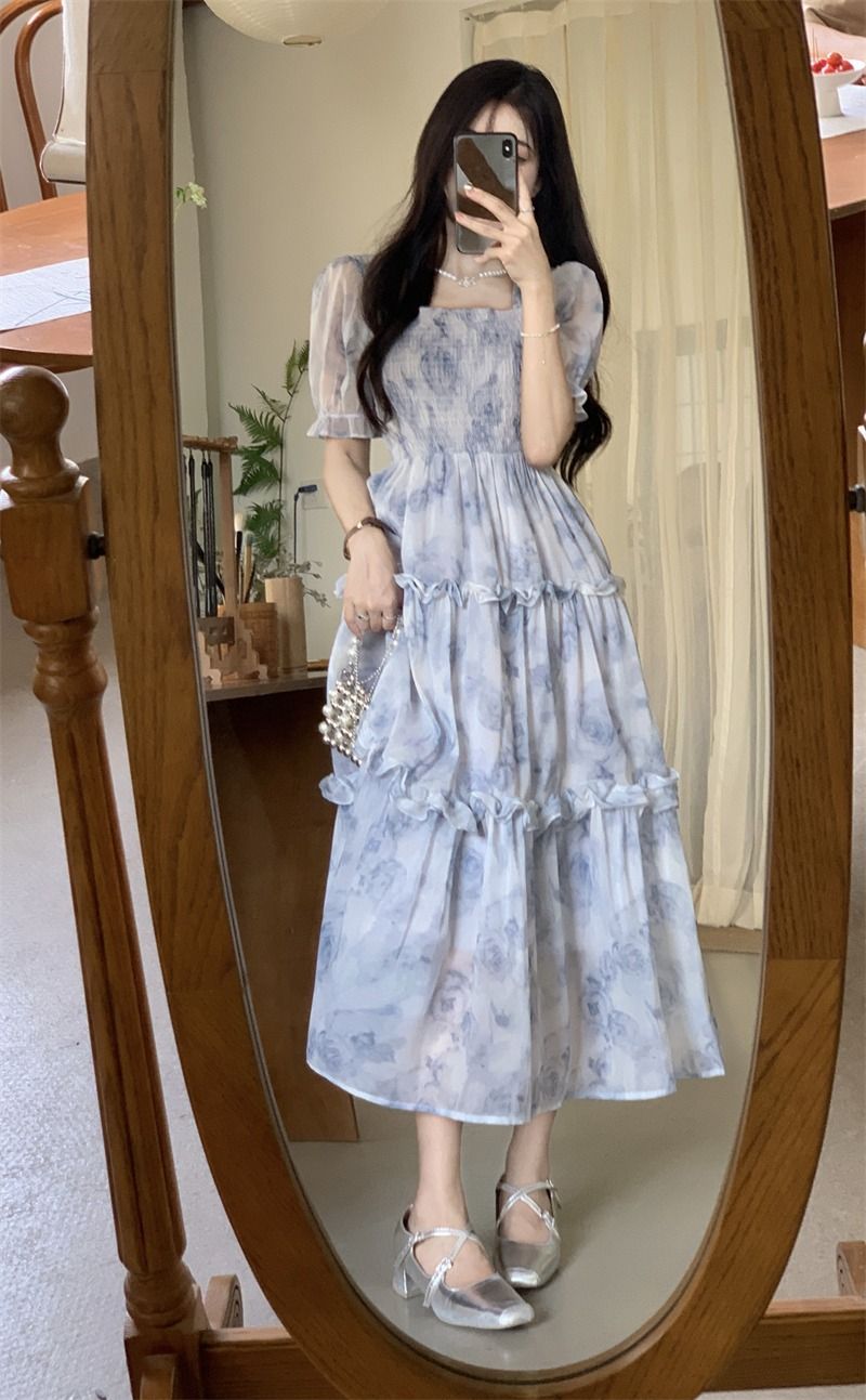 花柄ワンピース 優美な花影 シアーロングワンピース