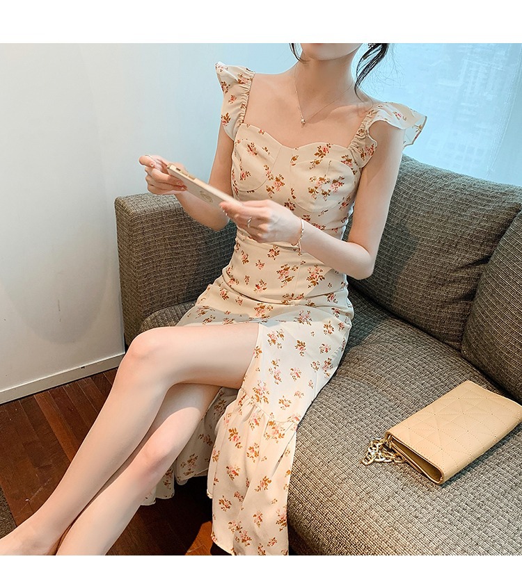 花柄ワンピース 優美フリル肩飾り 小花柄ロングワンピース