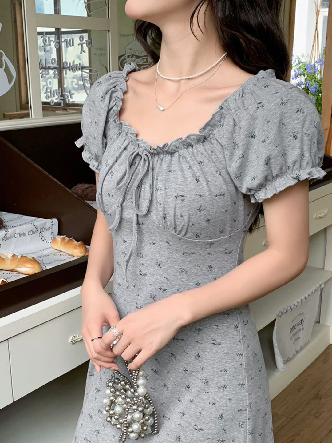 花柄ワンピース 小花柄パフスリーブロングワンピース