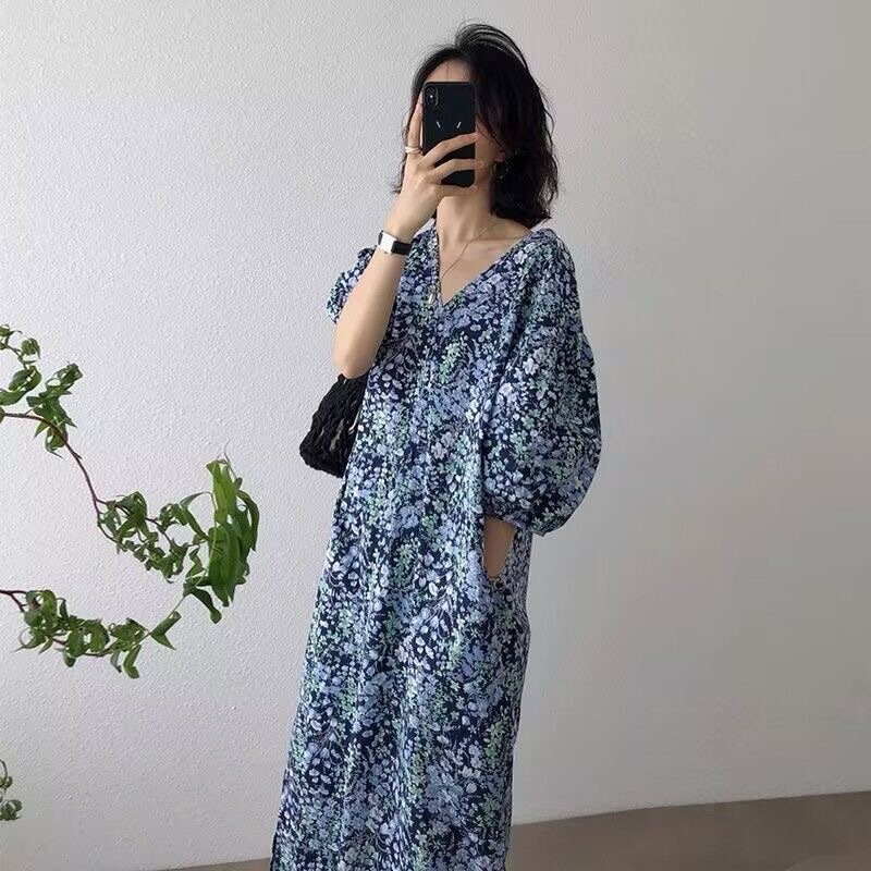 花柄ワンピース 優美な小花散りばめロング丈ワンピース