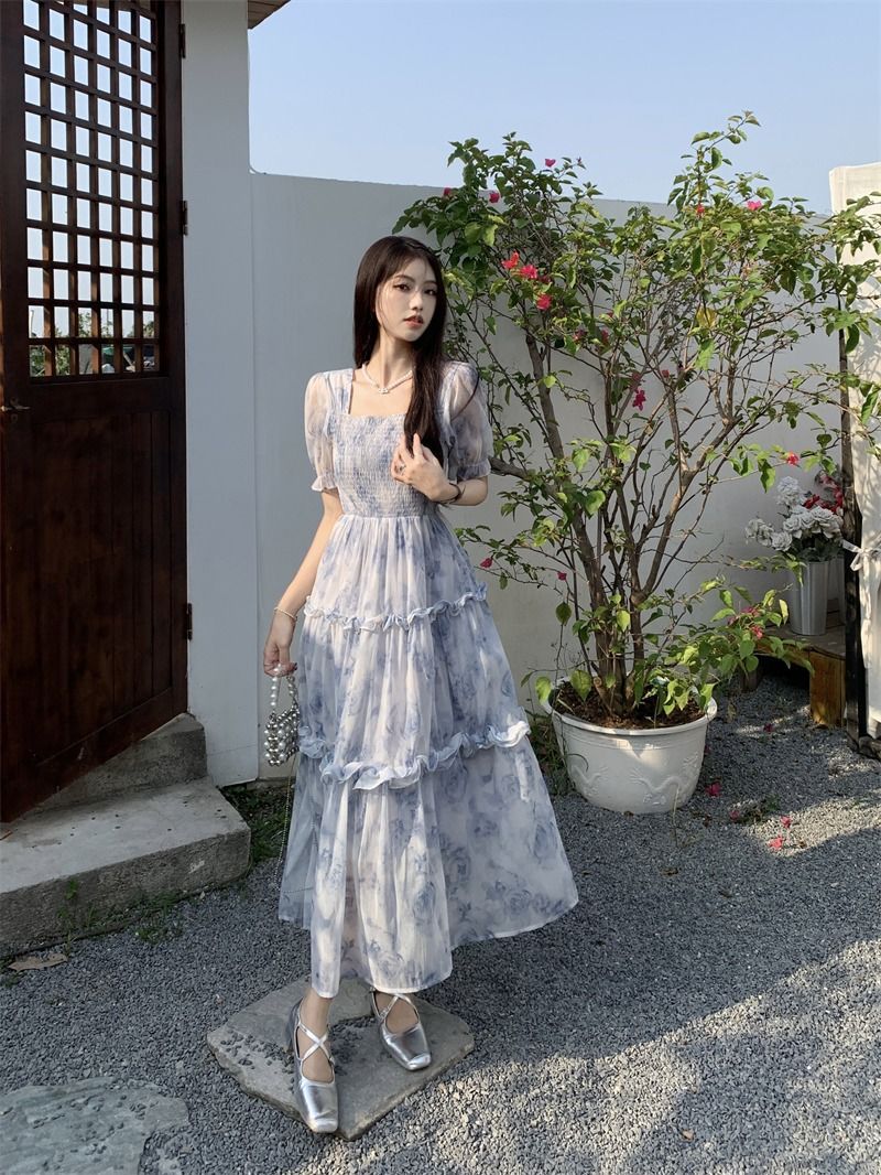 花柄ワンピース 優美な花影 シアーロングワンピース