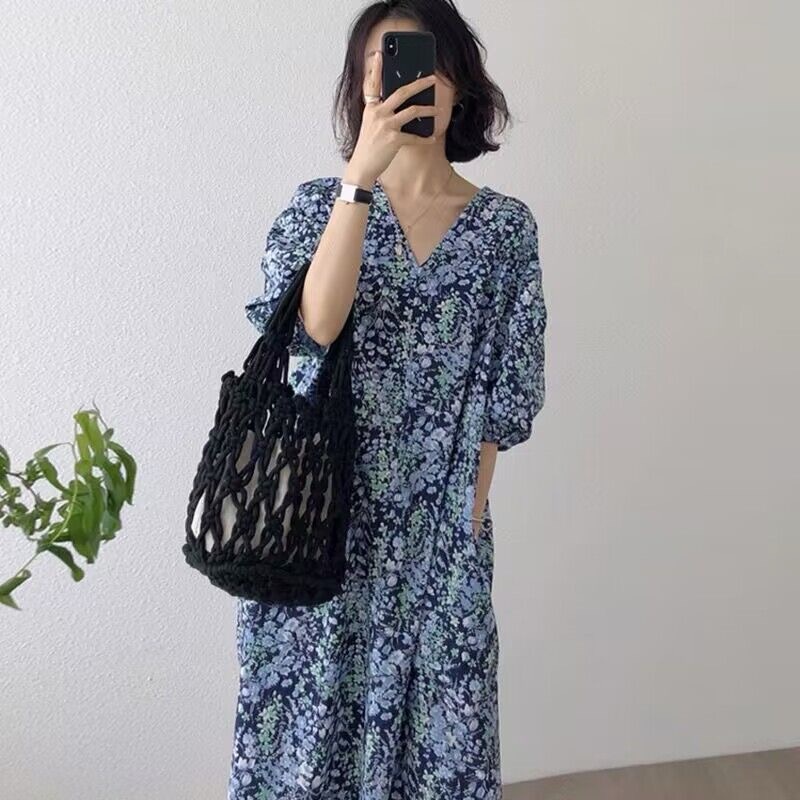 花柄ワンピース 優美な小花散りばめロング丈ワンピース