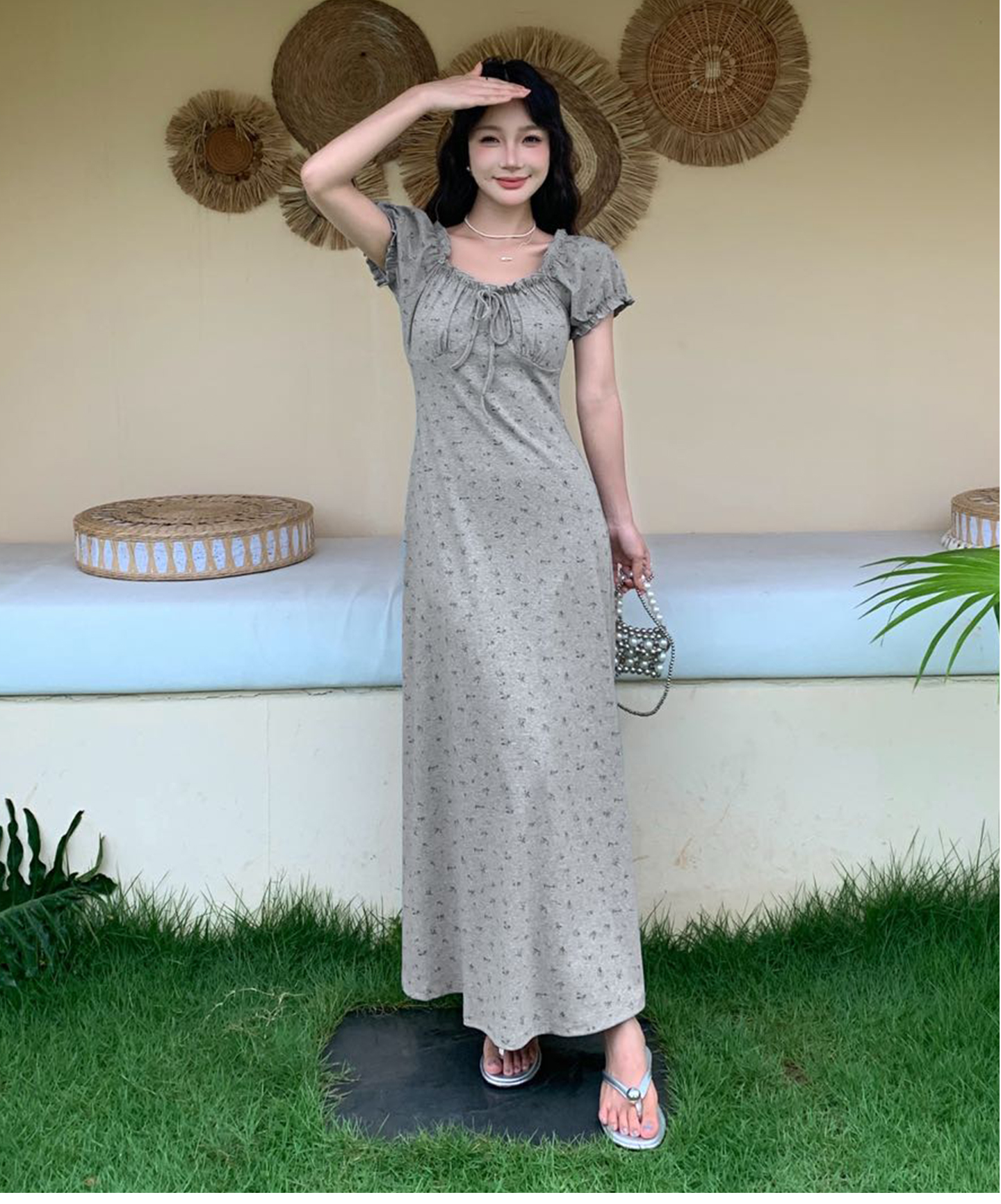 花柄ワンピース 小花柄パフスリーブロングワンピース
