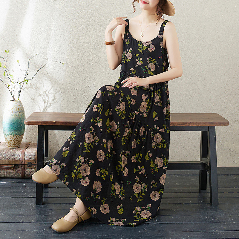 花柄ワンピース 花柄ノースリーブワンピース 黒地薔薇柄 春夏ゆったり長袖なし