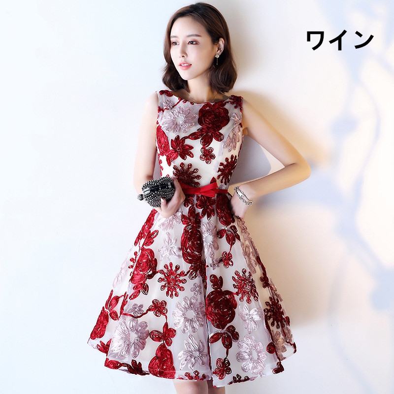 花柄ワンピース 総レース刺繍花柄ミニワンピ 結婚式パーティー高級感膝上丈